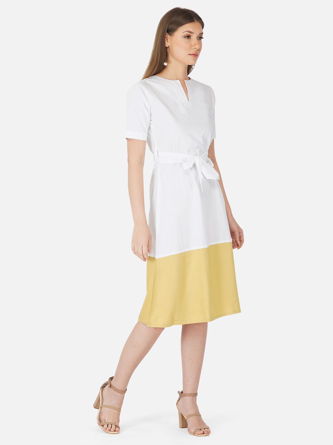 White and yellow colorblock belted dress