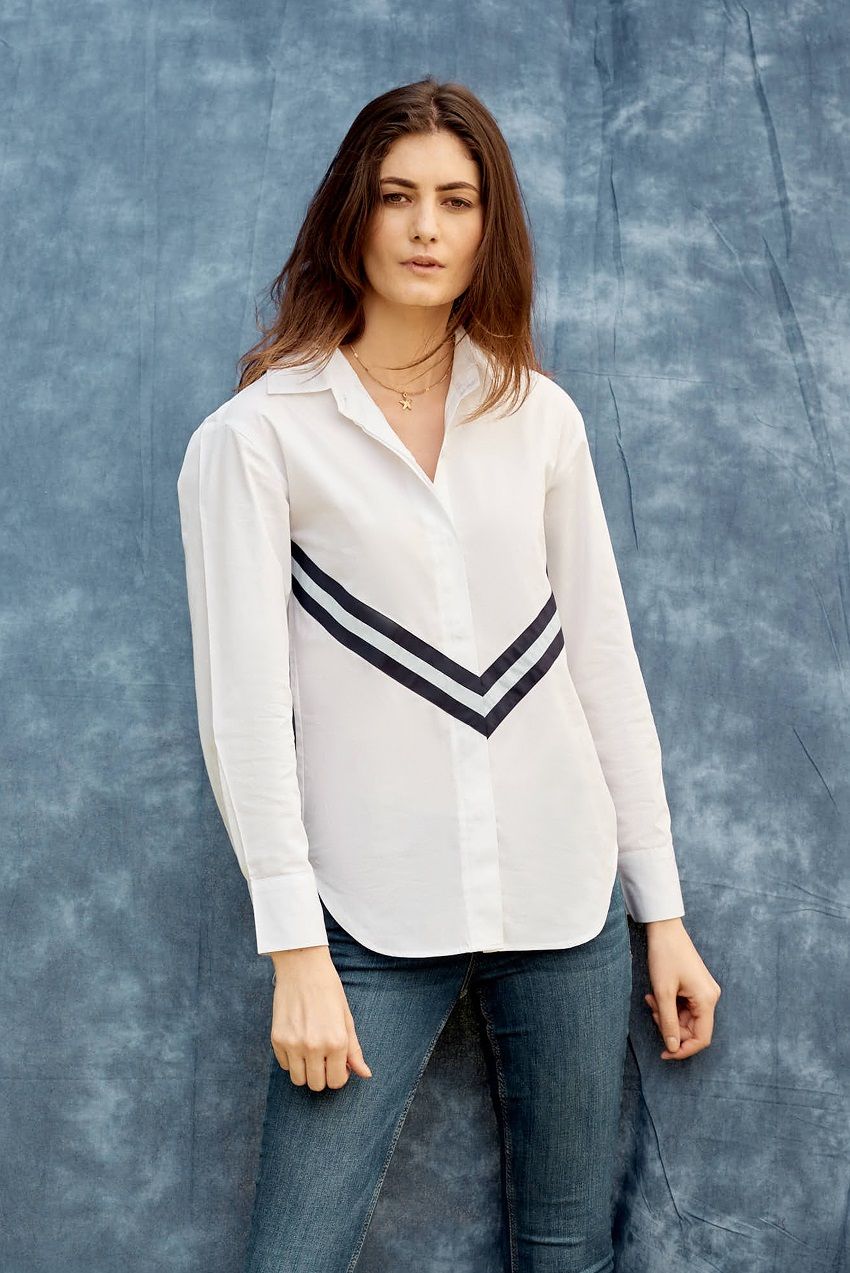 Anysa signature marine striped white poplin shirt