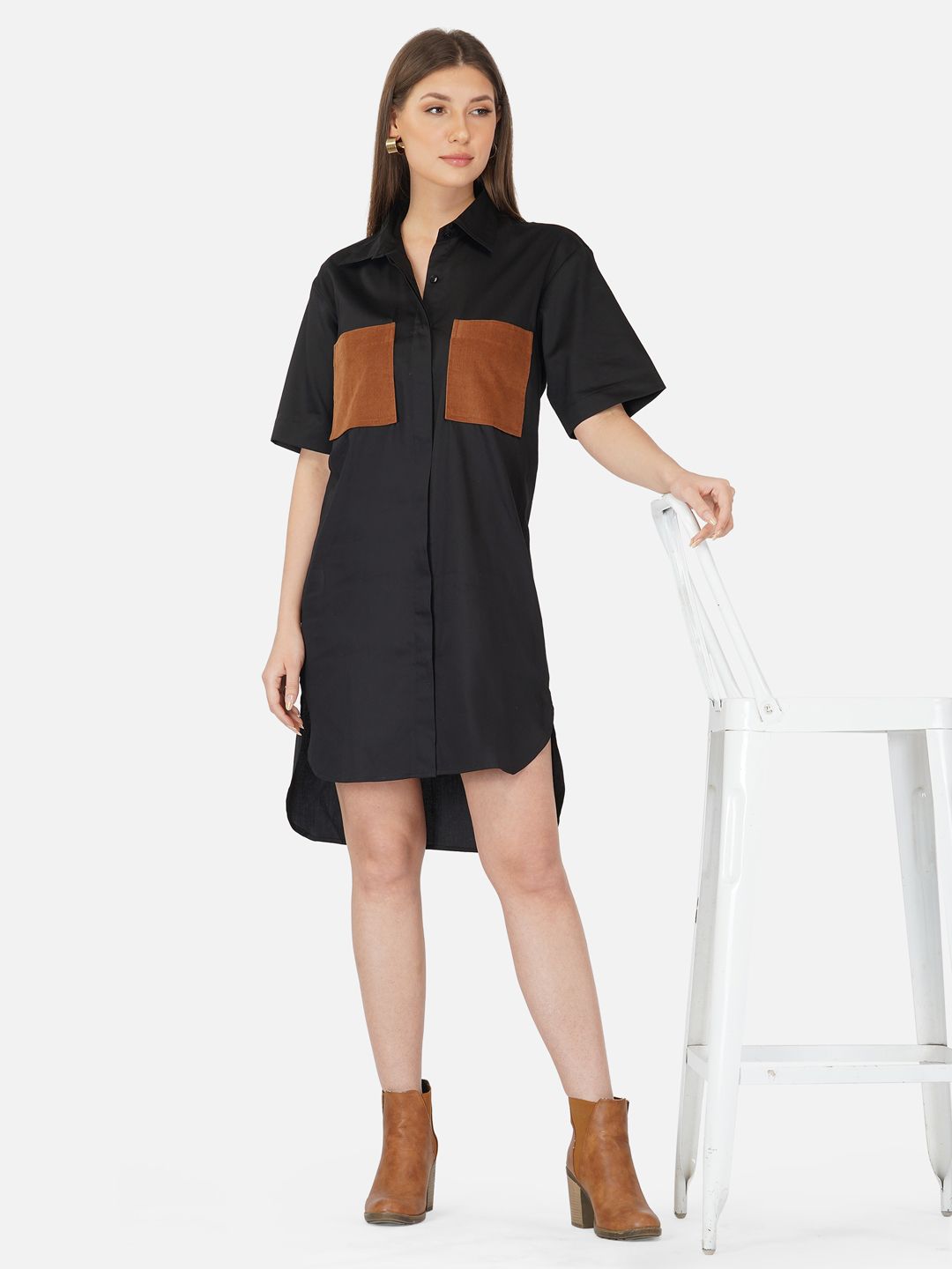 Black shirt dress with brown patchpockets and smocking at the back