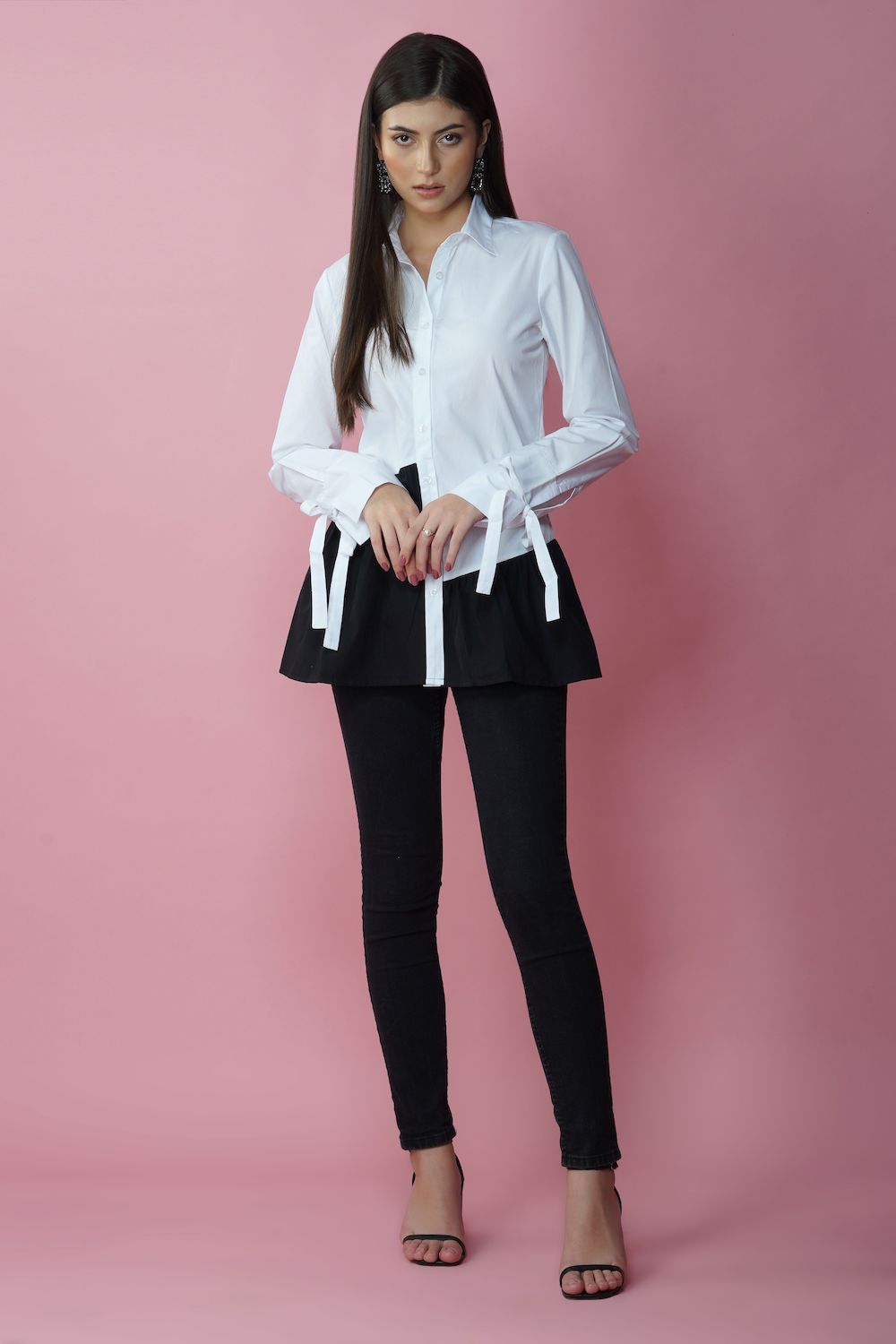 White shirt with black peplum detail