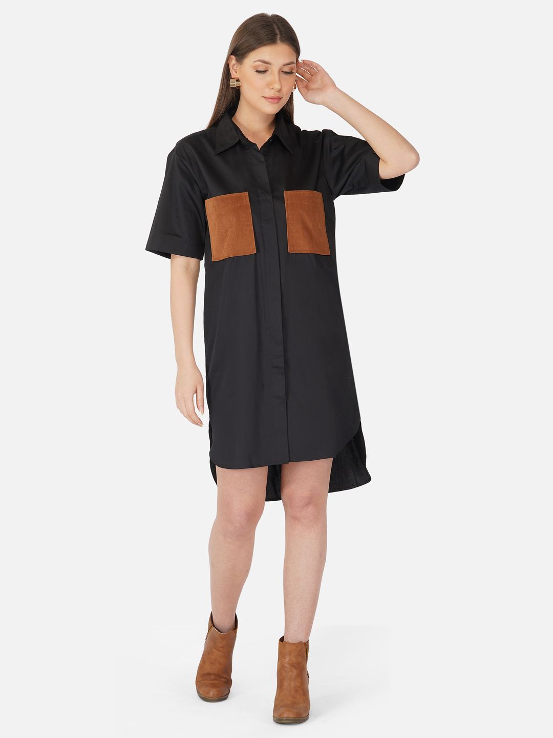 Black shirt dress with brown patchpockets and smocking at the back