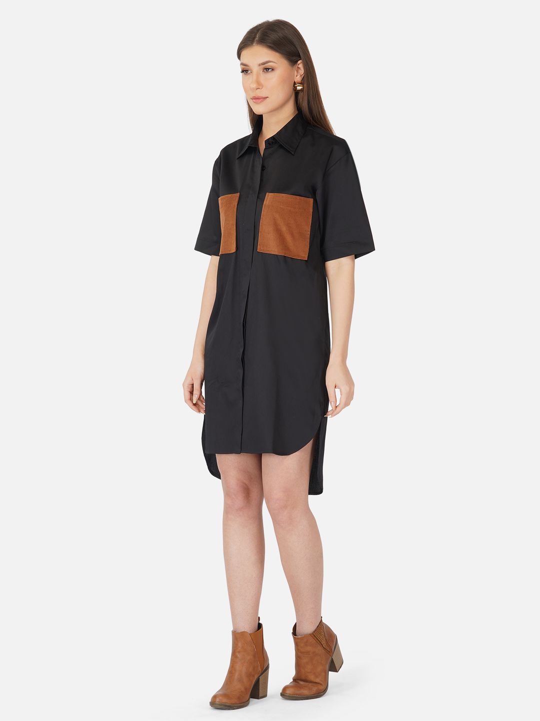 Black shirt dress with brown patchpockets and smocking at the back