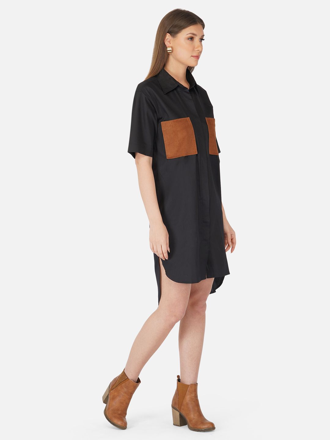 Black shirt dress with brown patchpockets and smocking at the back