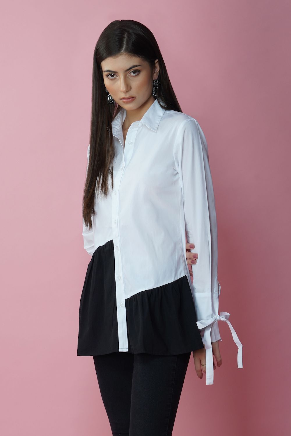 White shirt with black peplum detail