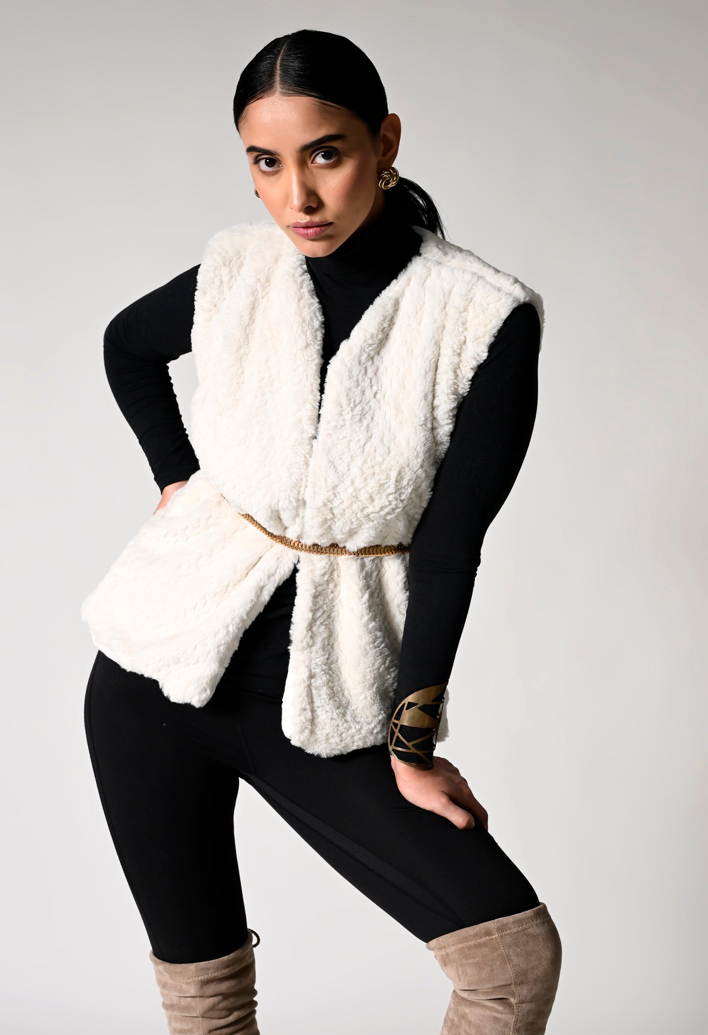 White Fur Jacket with Golden Belt