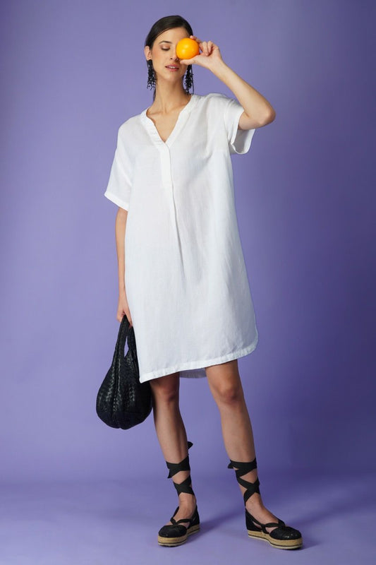 White linen v neck dress