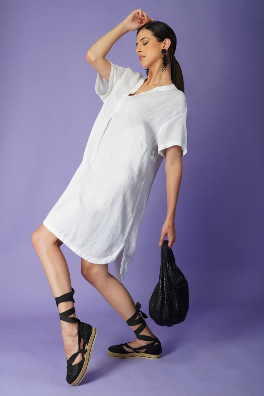 White linen v neck dress