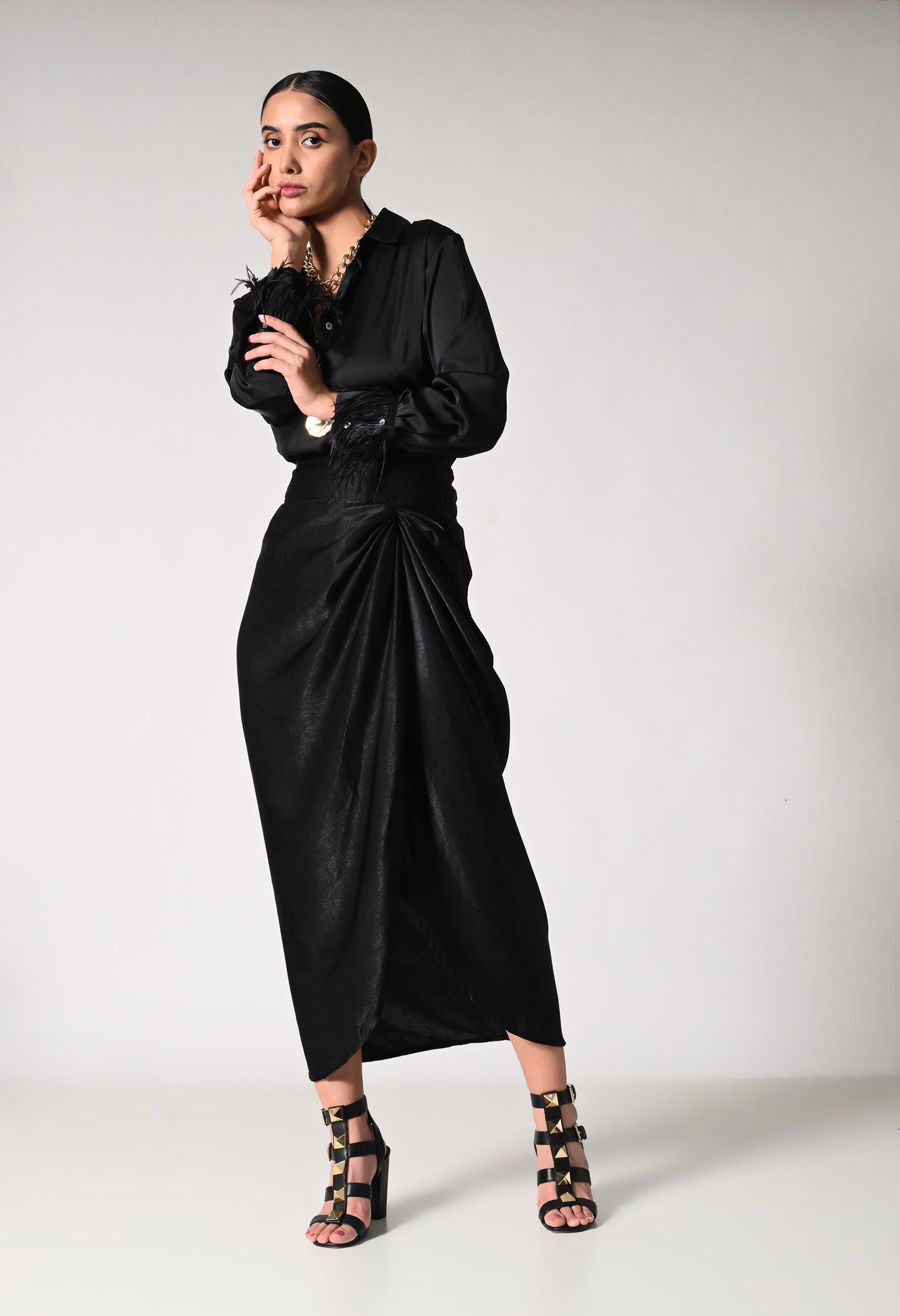 Midnight Shirt and Draped Skirt Set