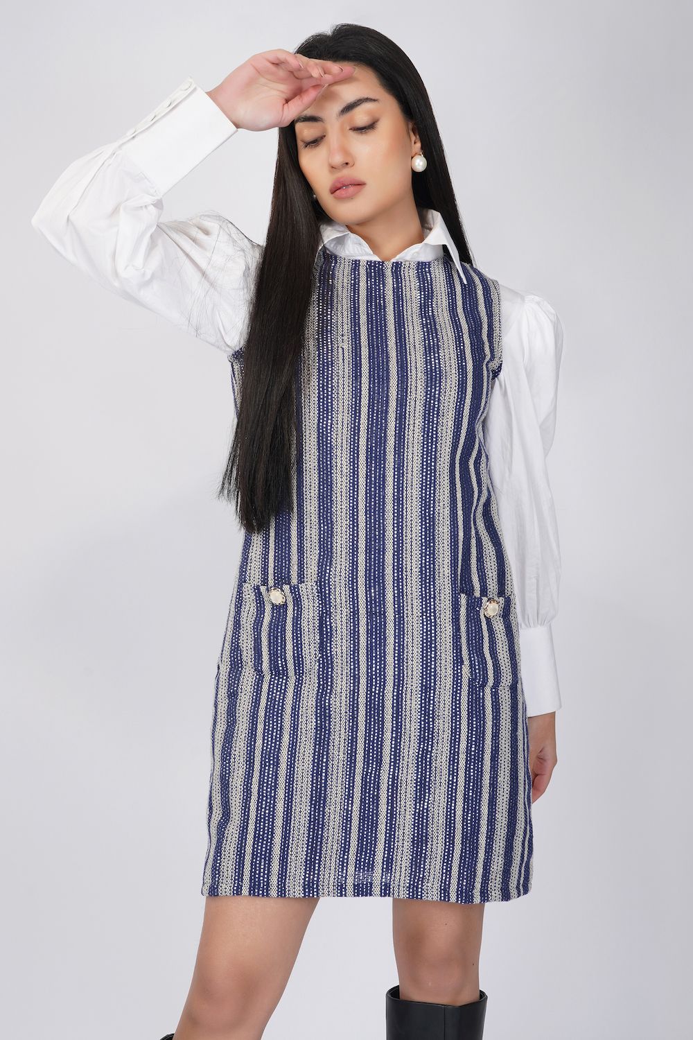 Blue striped sleevesless dress with self stripes in silver