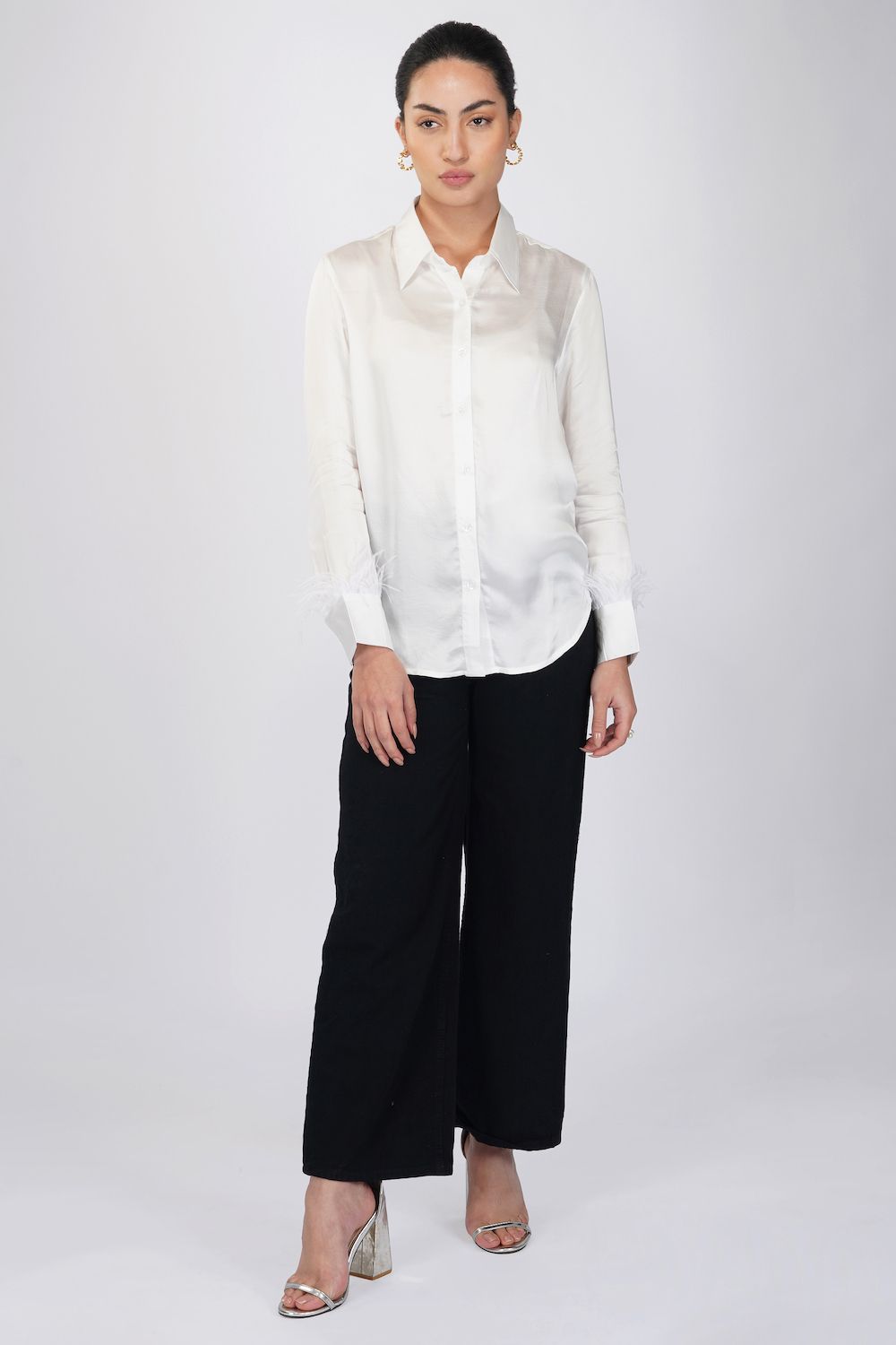 White satin shirt with faux feather cuffs