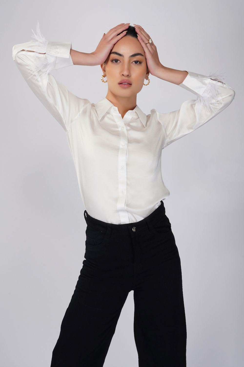 White satin shirt with faux feather cuffs