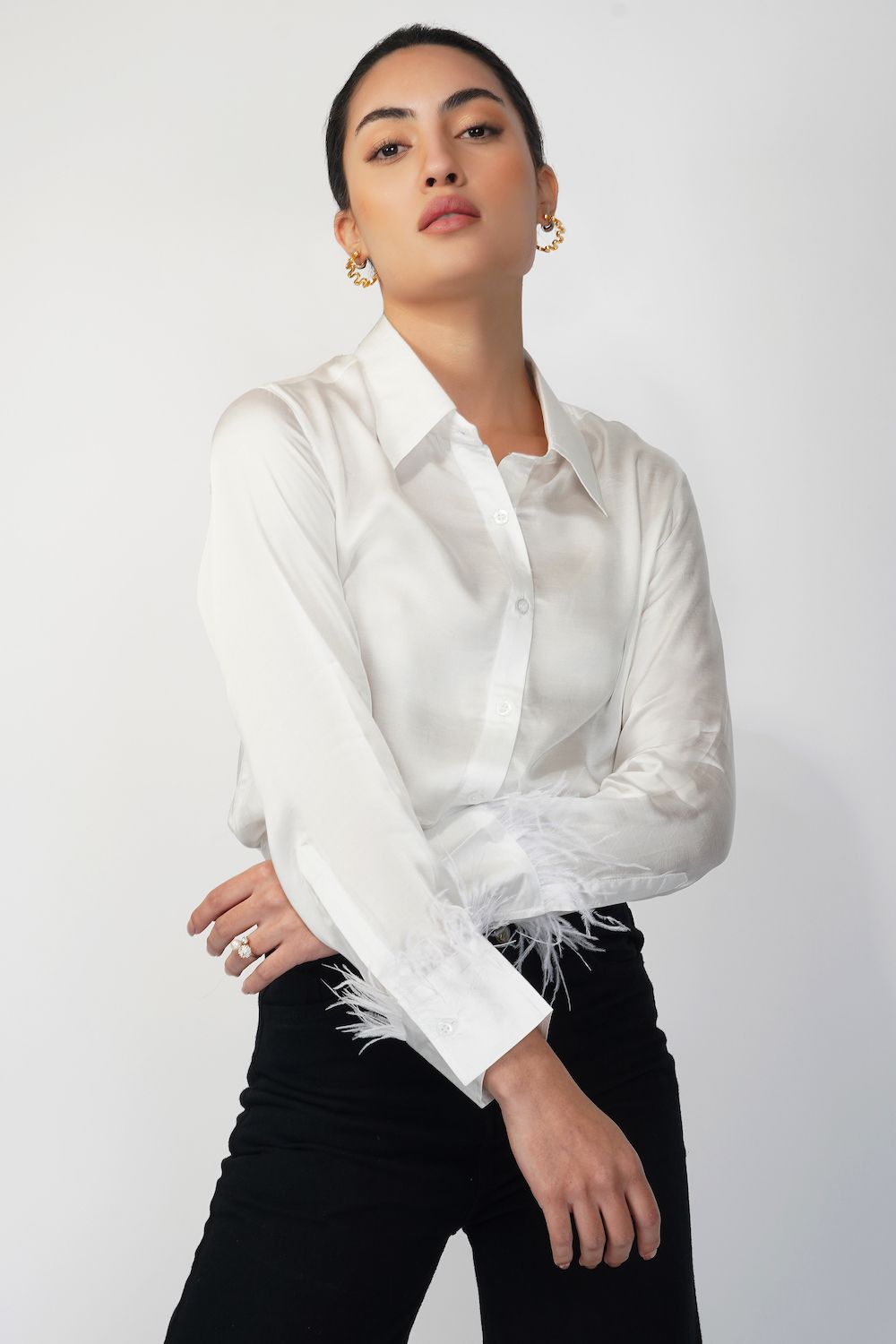 White satin shirt with faux feather cuffs