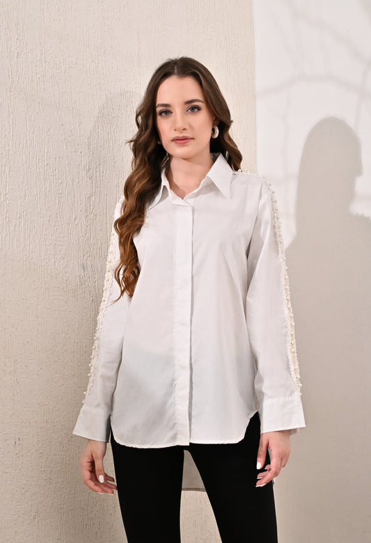 Anysa white shirt with pearl lace detail