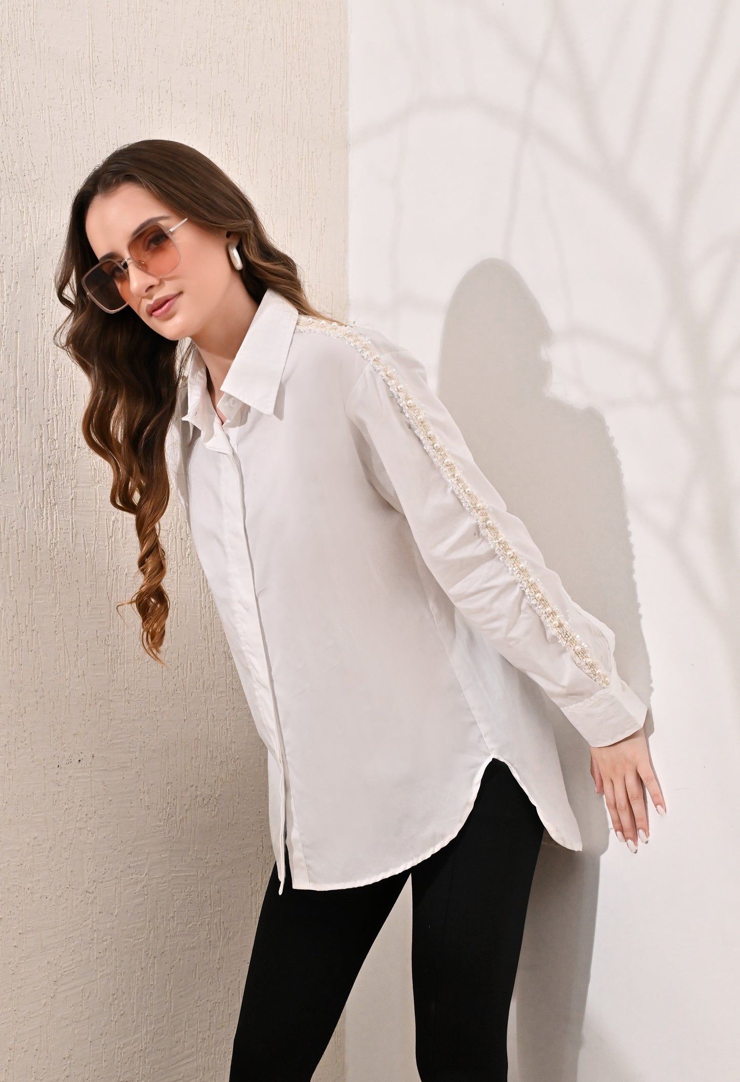 Anysa white shirt with pearl lace detail