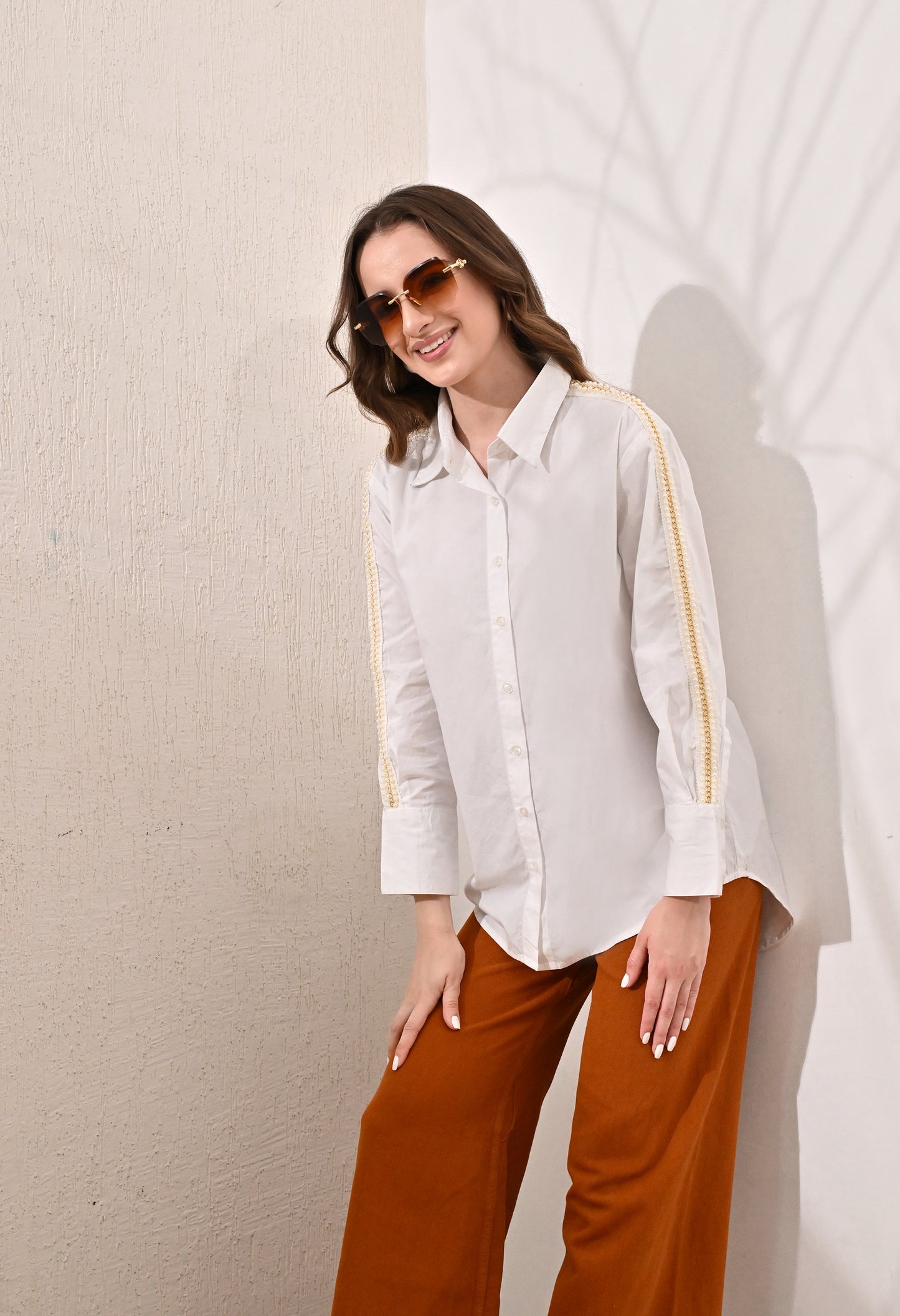 Anysa classic white shirt with golden chain lace detail