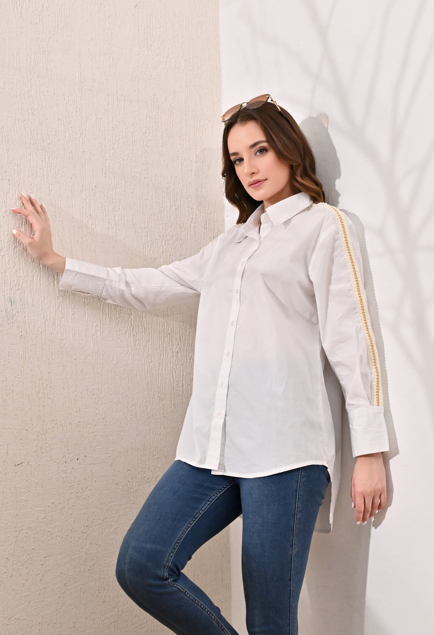 Anysa classic white shirt with golden chain lace detail