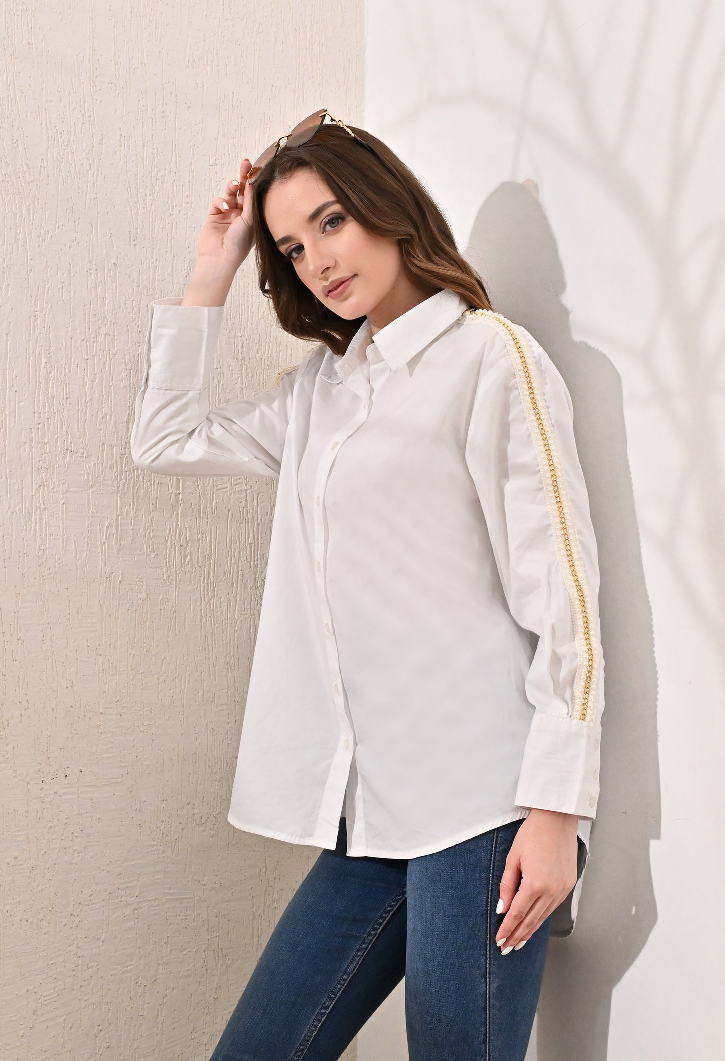 Anysa classic white shirt with golden chain lace detail