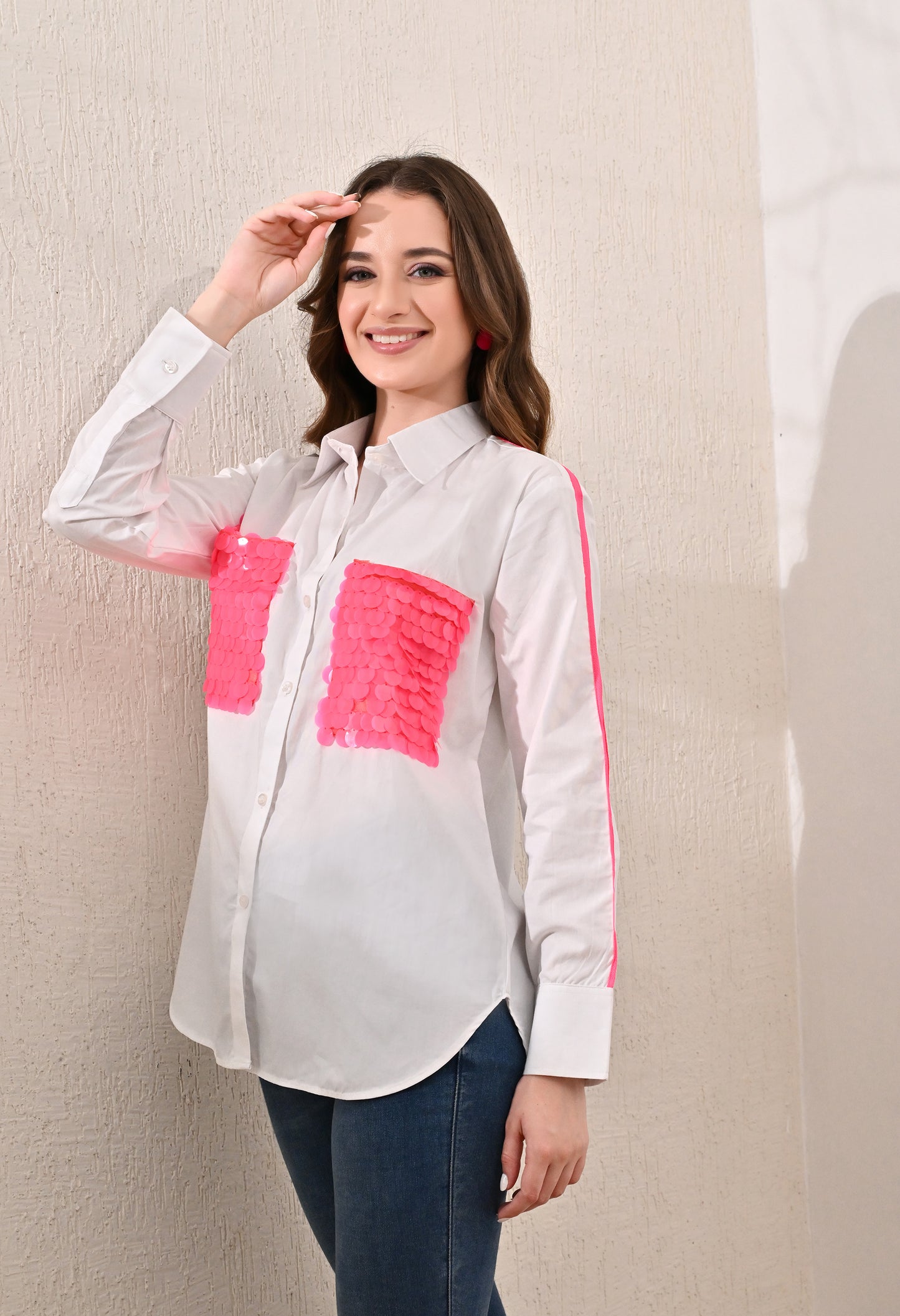 White shirt with neon pink sequence patch pockets