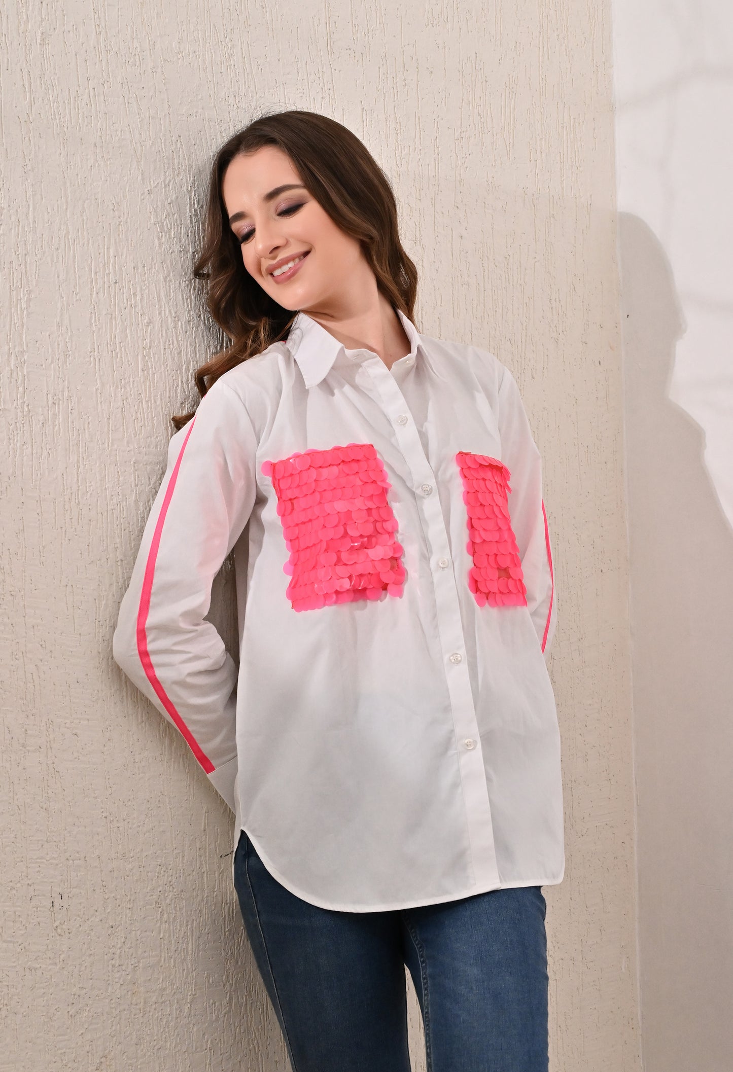 White shirt with neon pink sequence patch pockets