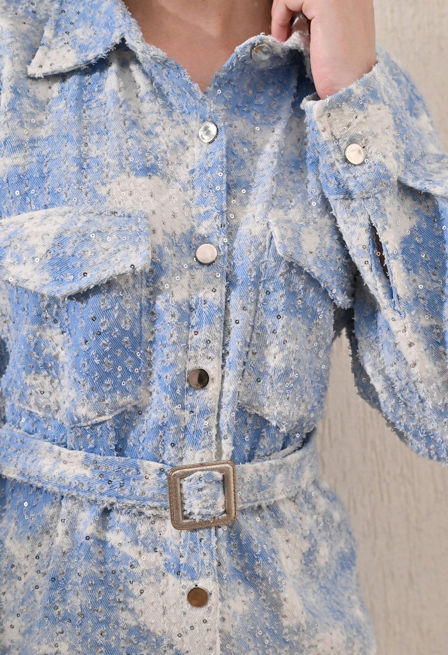 Blue and White denim jacket with belt