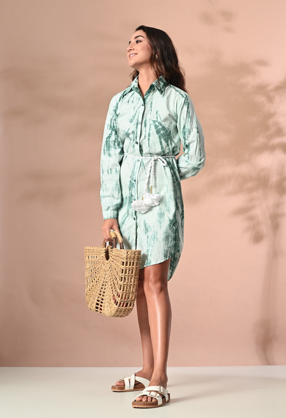 White and green tie and dye shirt dress