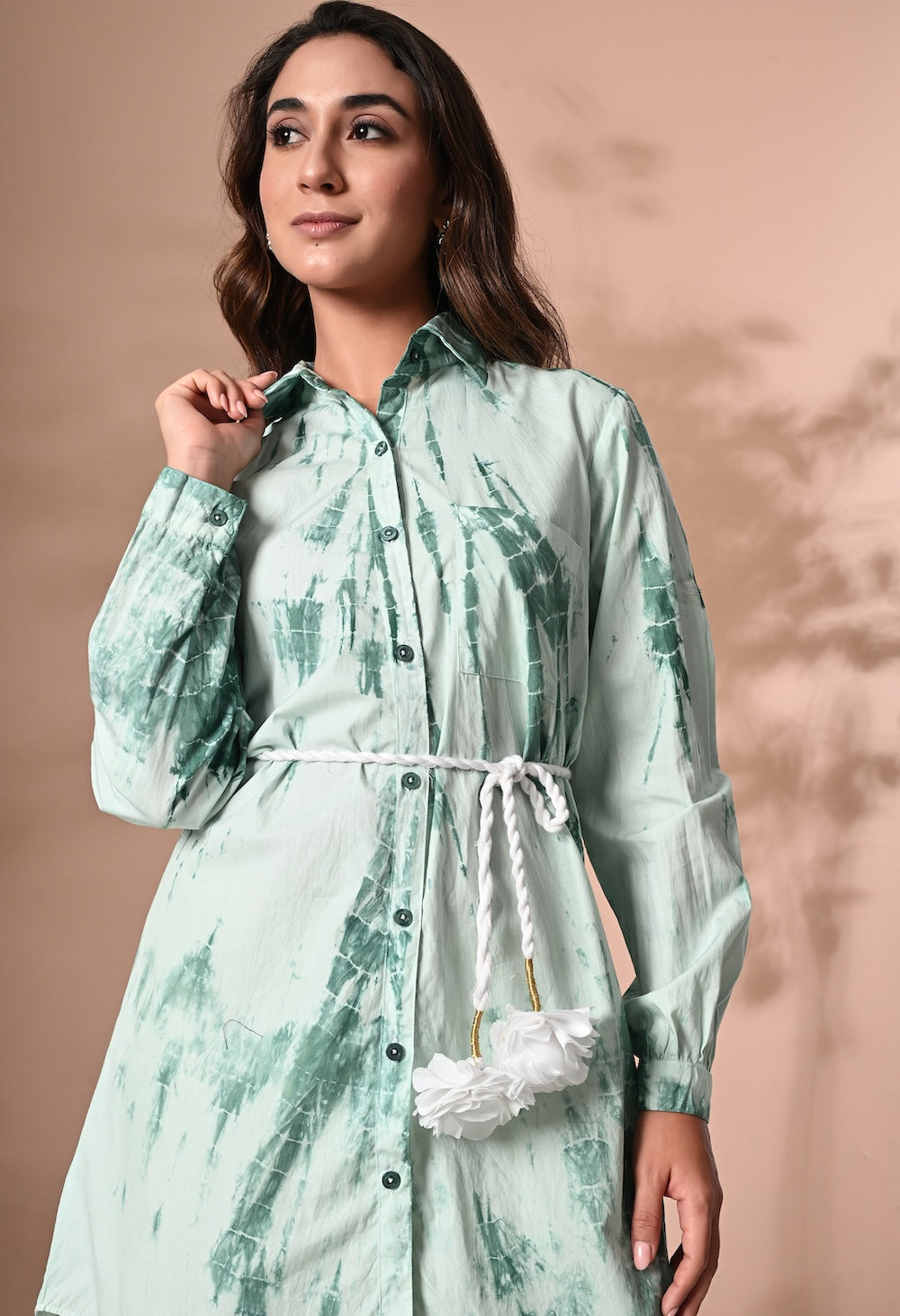 White and green tie and dye shirt dress