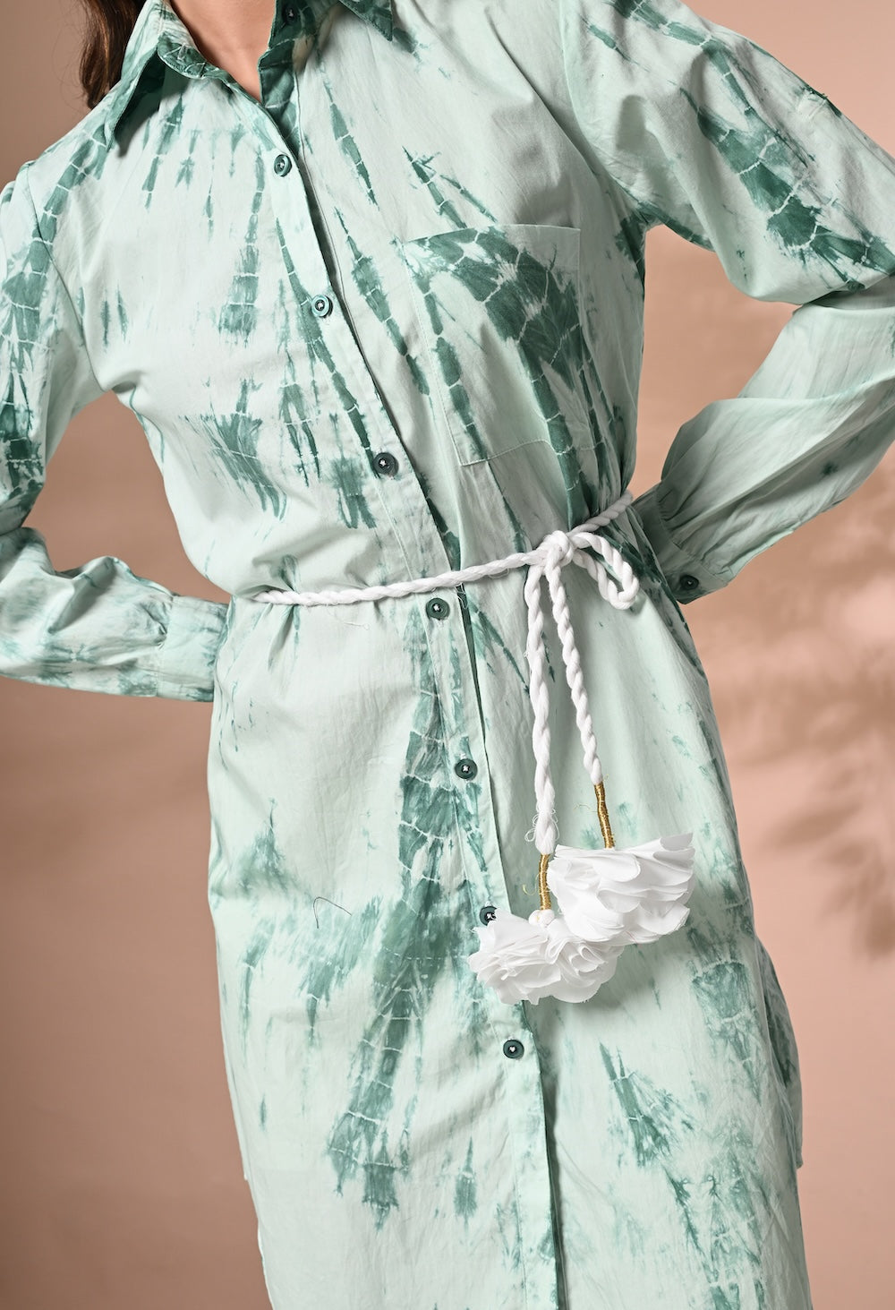 White and green tie and dye shirt dress