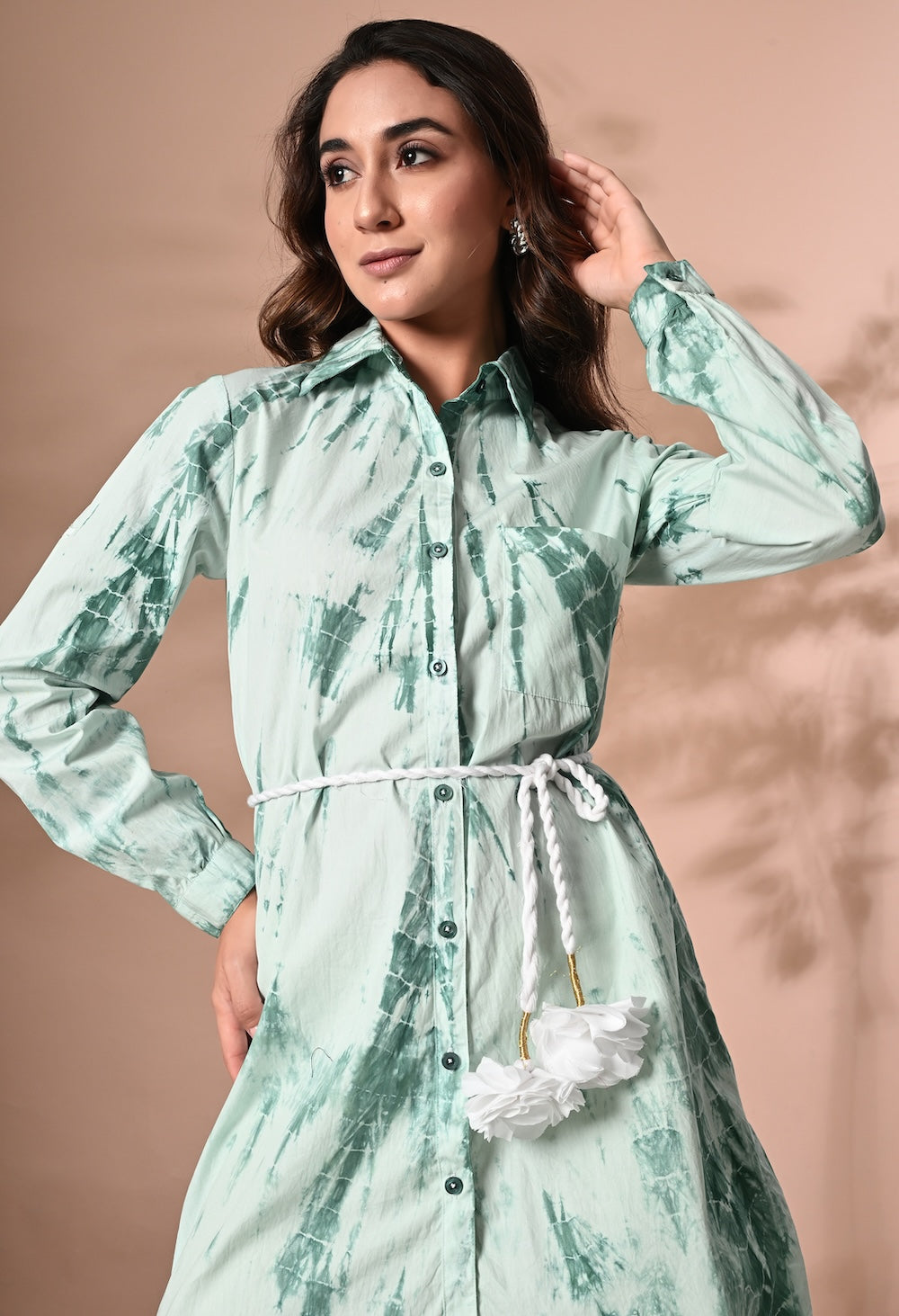 White and green tie and dye shirt dress