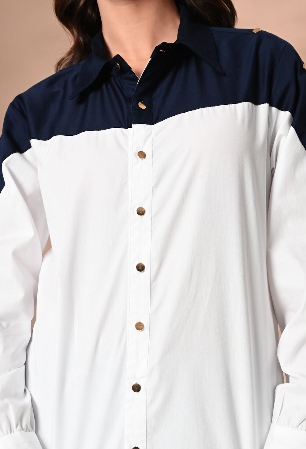 Navy blue and white shirt with golden buttons