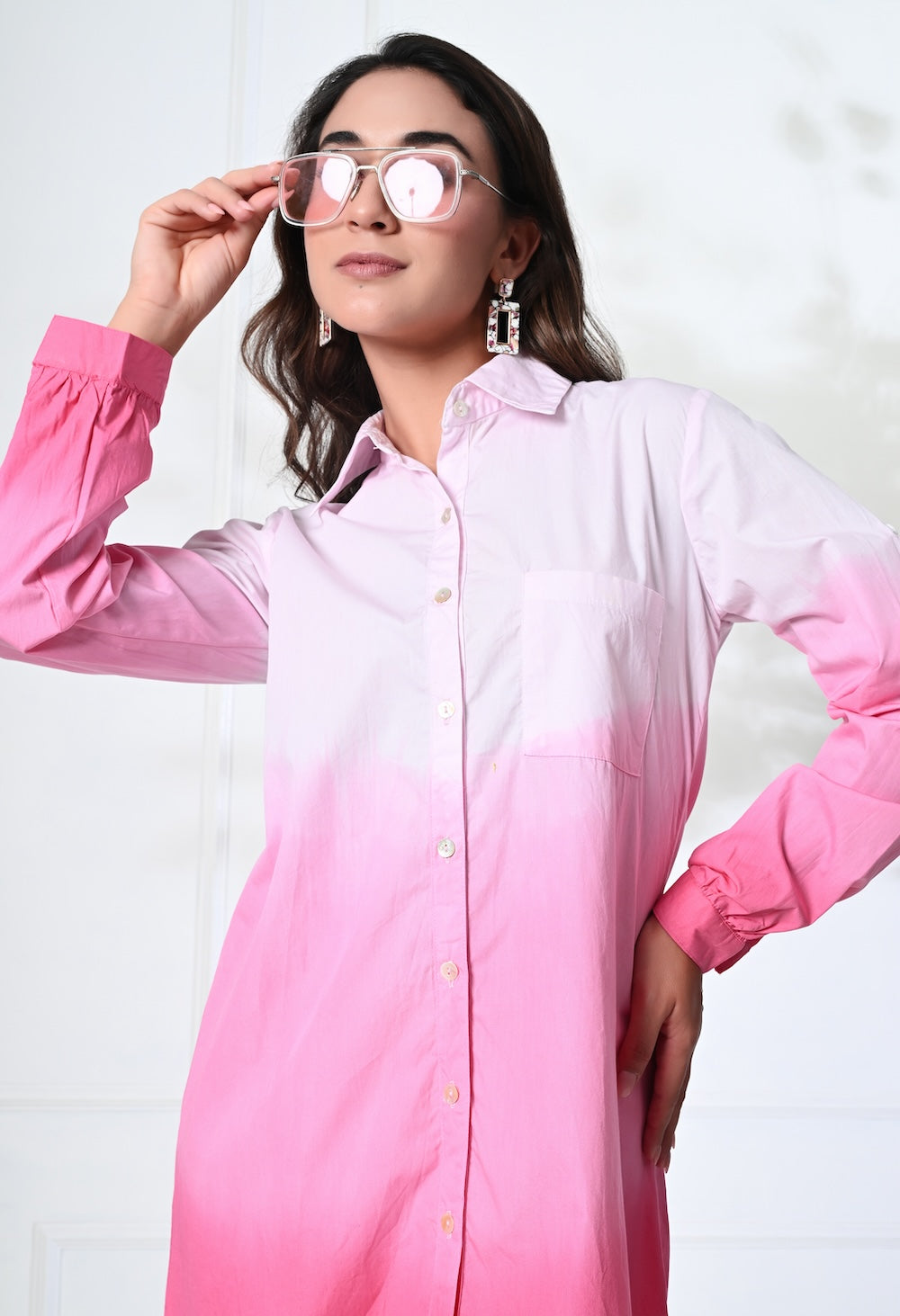 White and pink shaded shirt dress