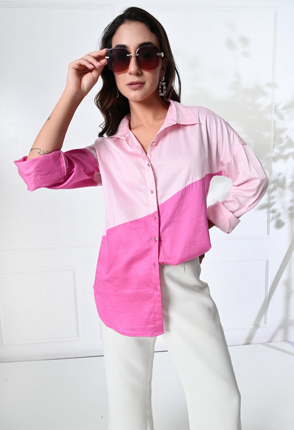 Light pink and pink shaded shirt with golden buttons