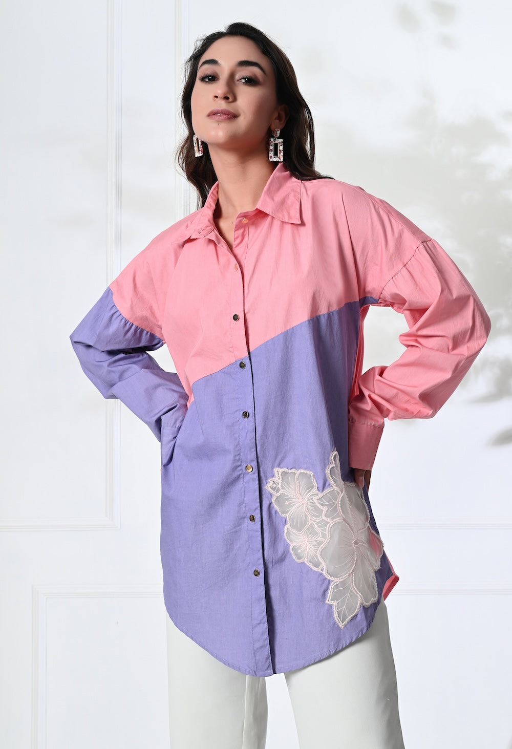 Anysa signature pink and lilac shirt with floral motif