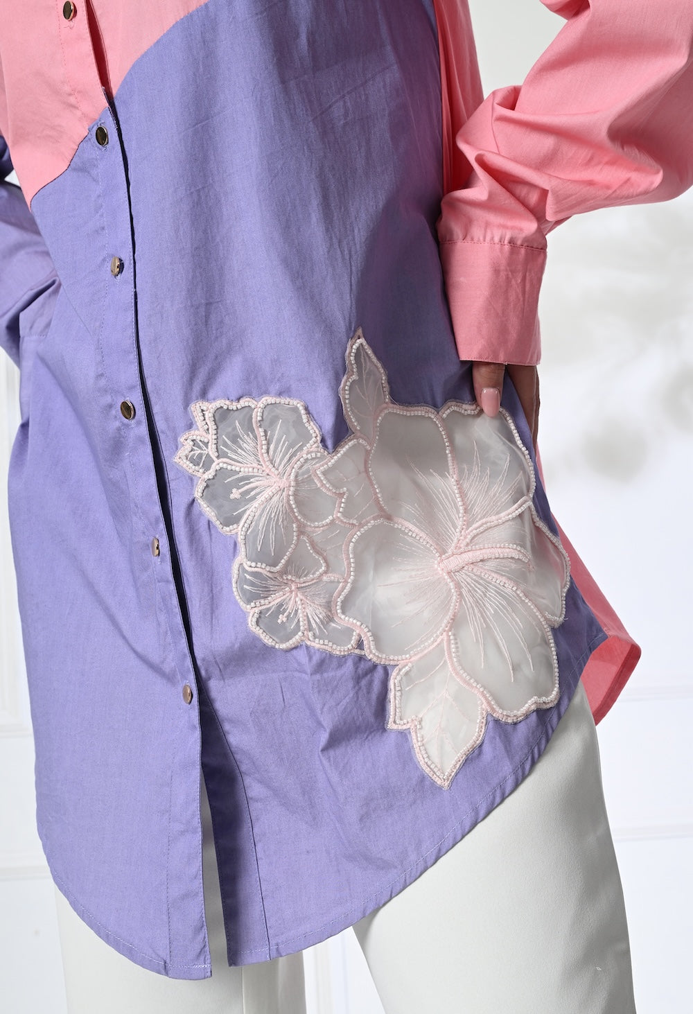 Anysa signature pink and lilac shirt with floral motif