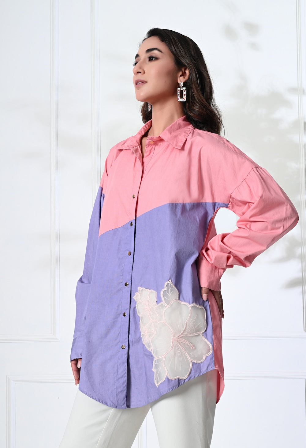 Anysa signature pink and lilac shirt with floral motif