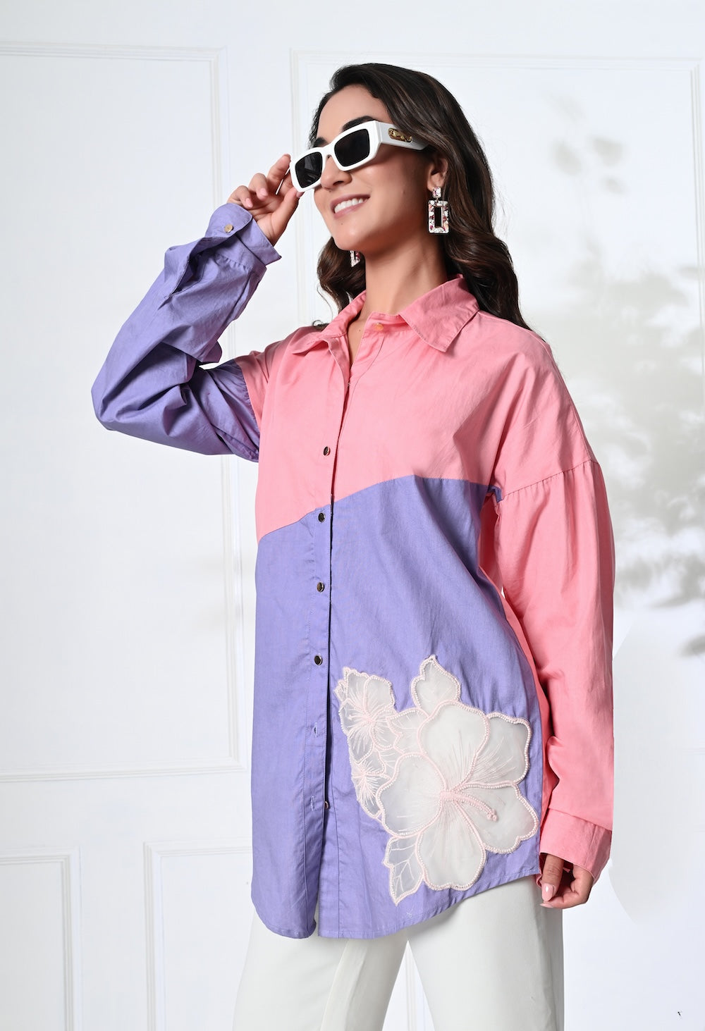 Anysa signature pink and lilac shirt with floral motif