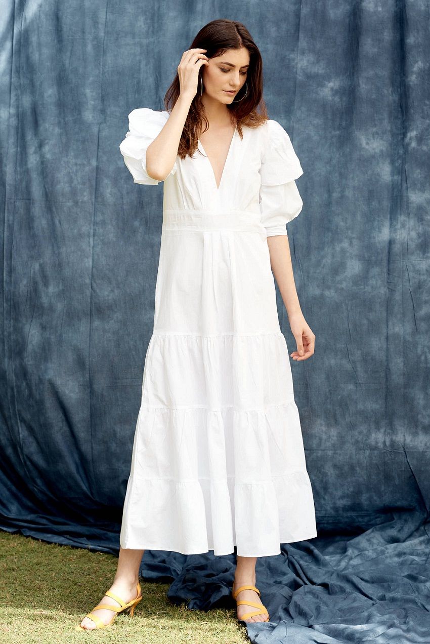 Breezy tiered cotton midi dress white