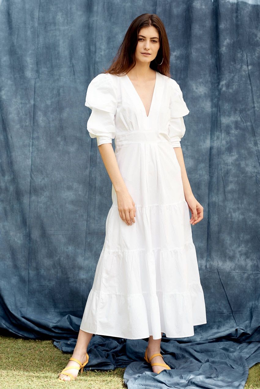 Breezy tiered cotton midi dress white