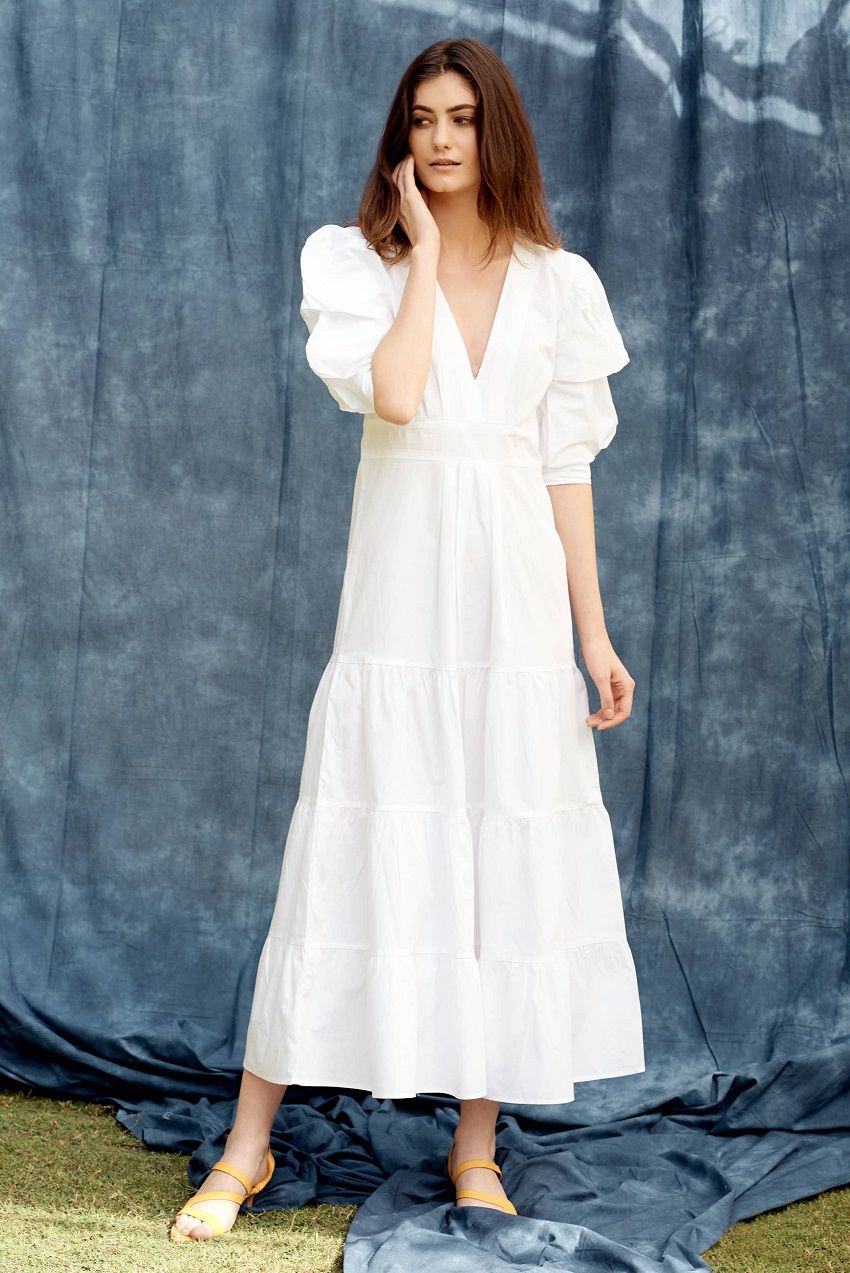 Breezy tiered cotton midi dress white