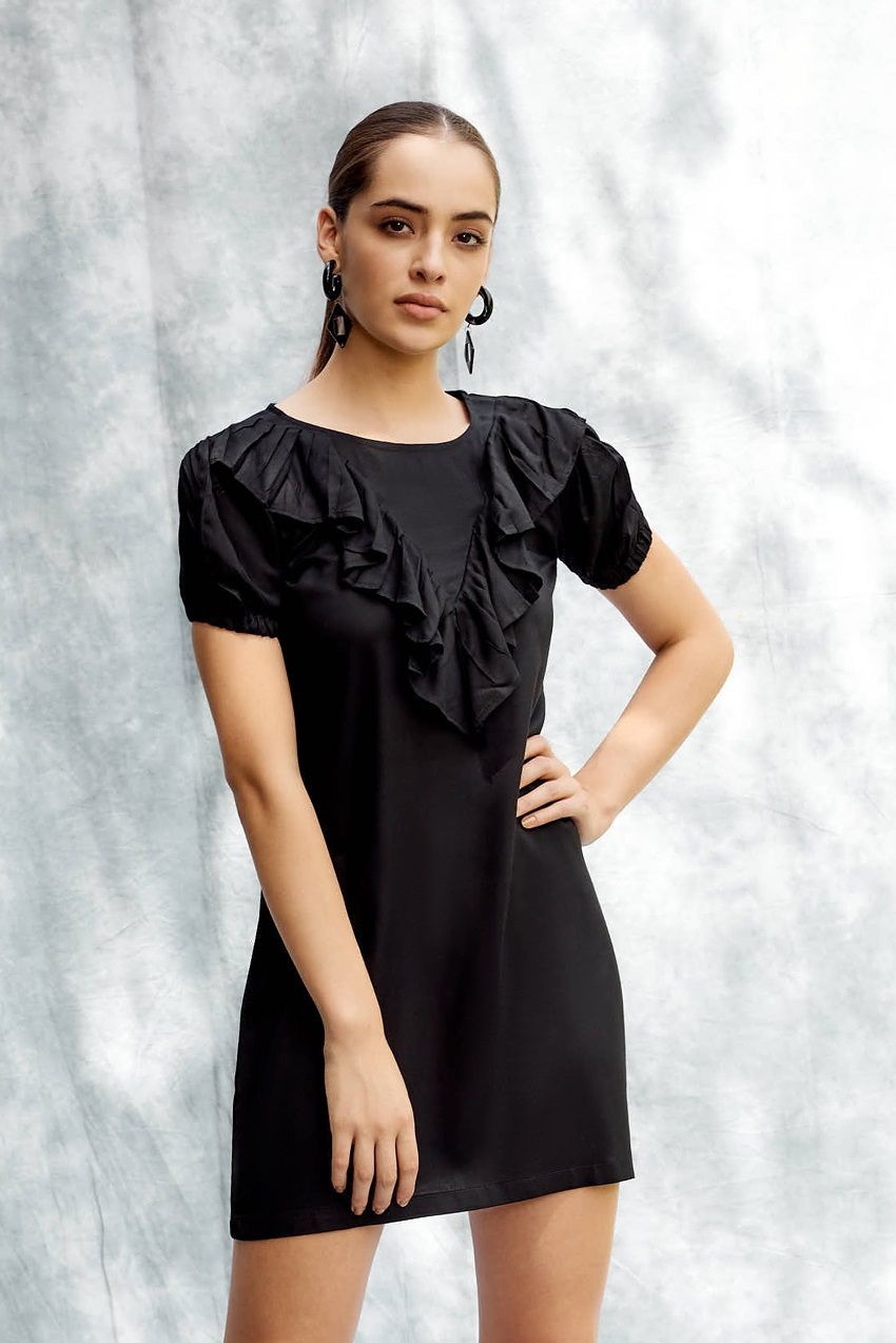 Black flounce trimmed dress