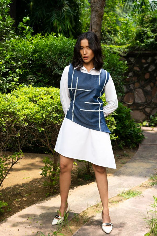 Blue denim and white colorblocked , double layered shirt dress