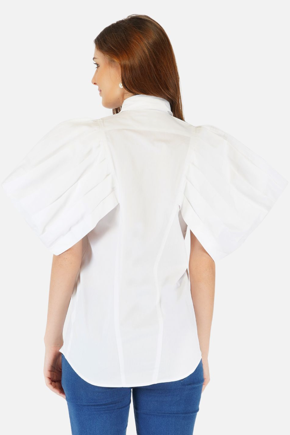 White shirt with pleated cape sleeves