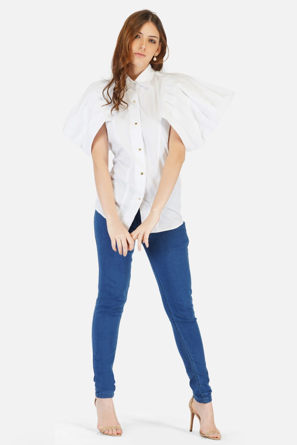 White shirt with pleated cape sleeves