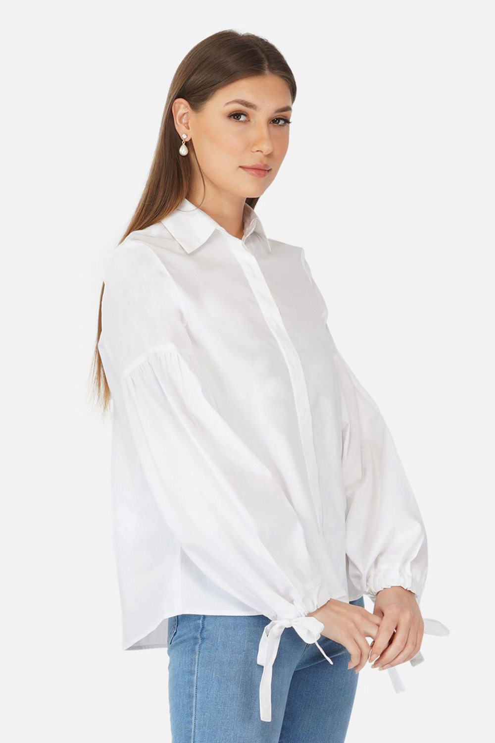 White cotton full sleeves top with knotted sleeves