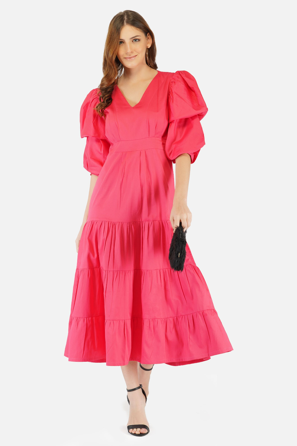 Breezy tiered cotton midi dress pink