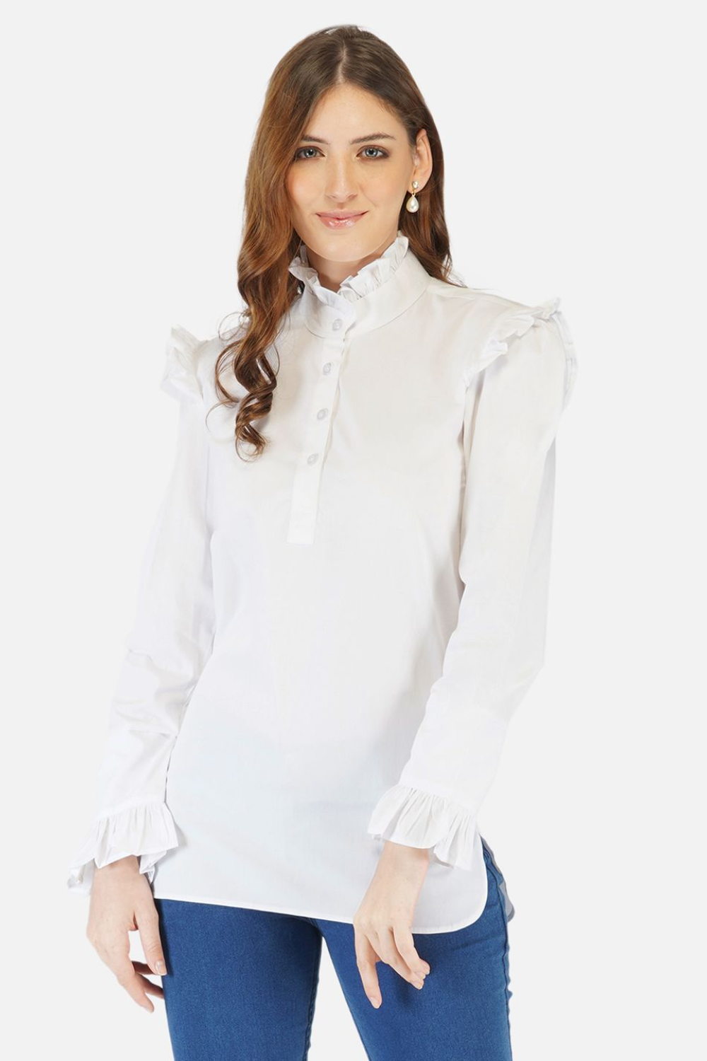 White frill neck top with frills on sleeves