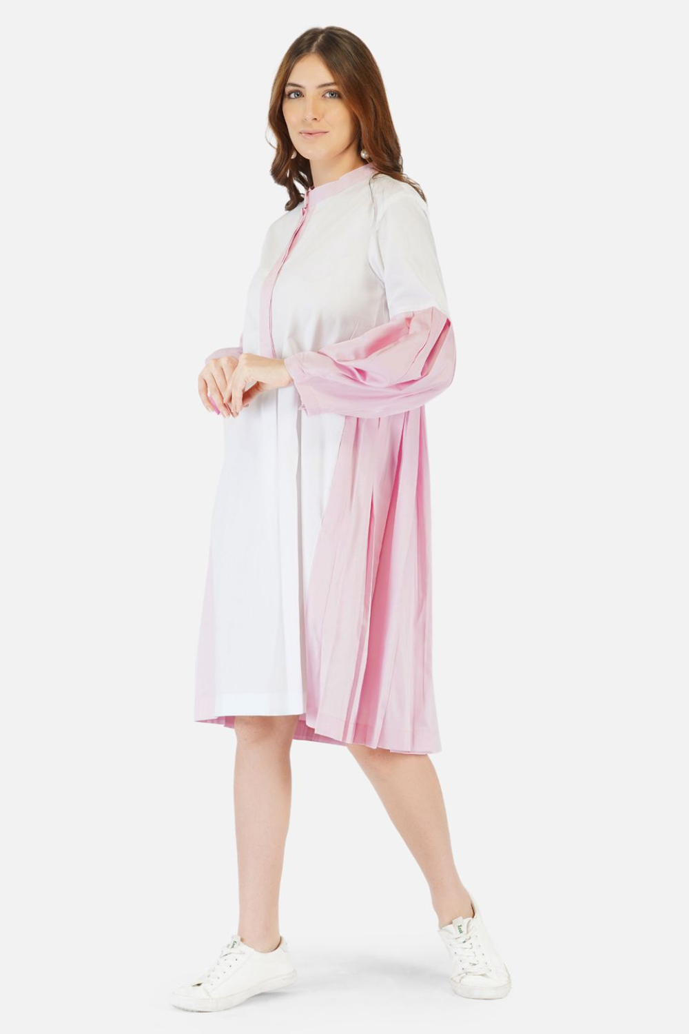 White and pink pleated shirt dress