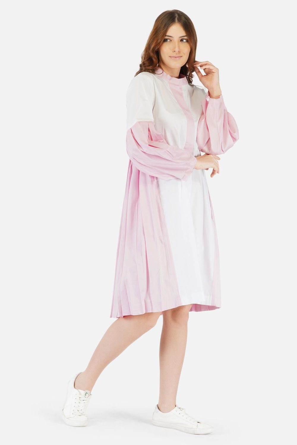 White and pink pleated shirt dress