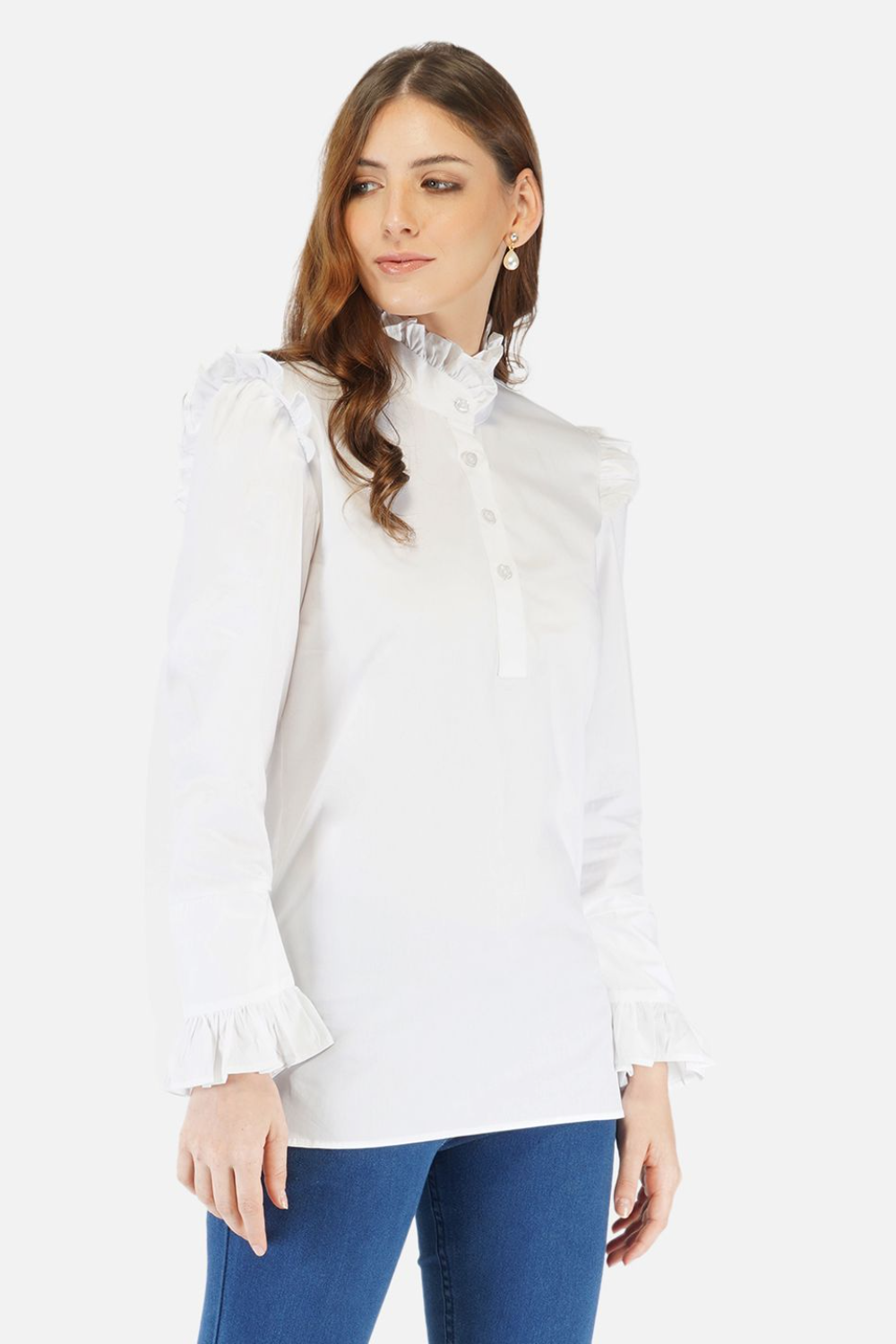 White frill neck top with frills on sleeves