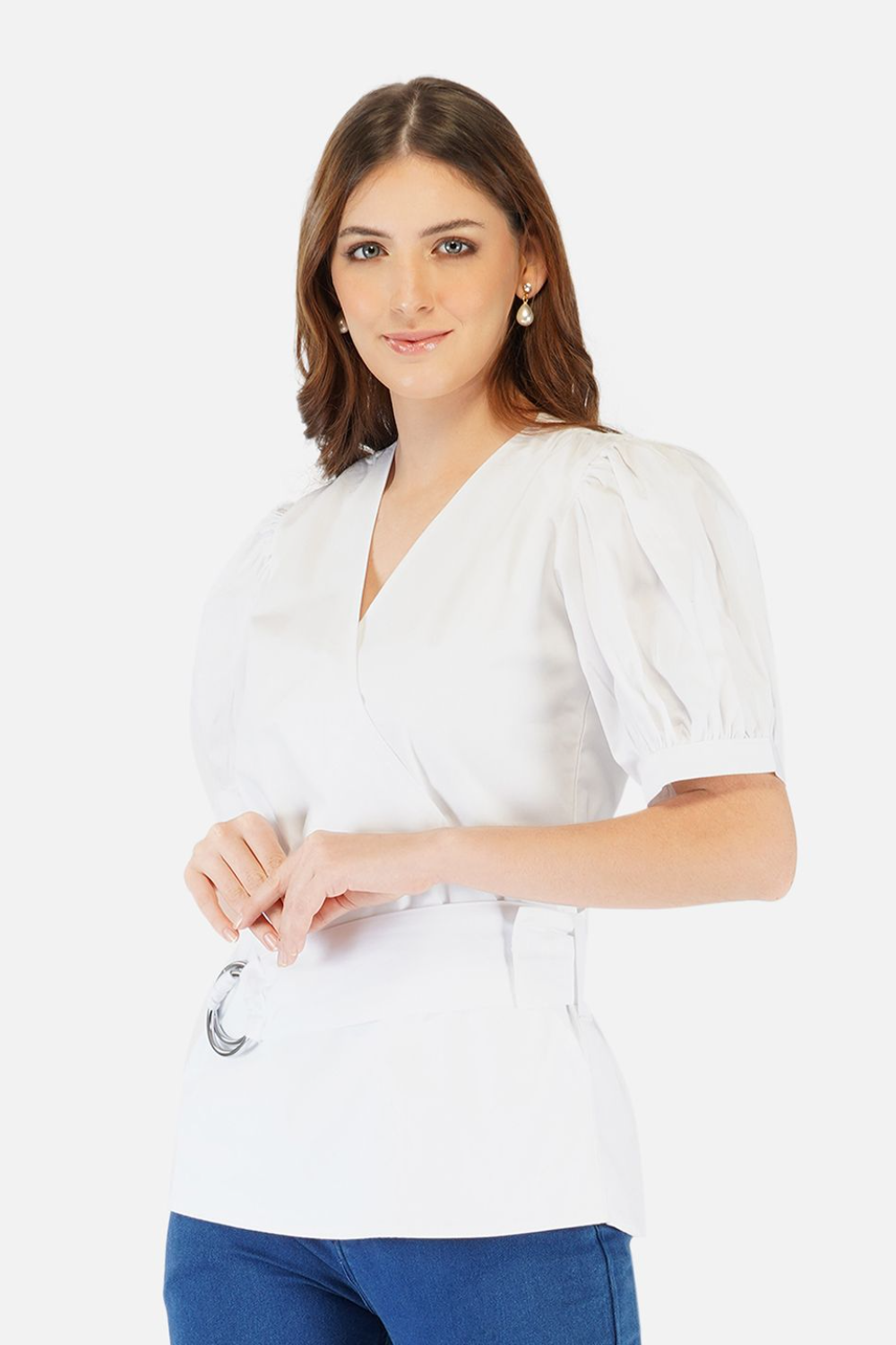 Puff sleeves belted shirt