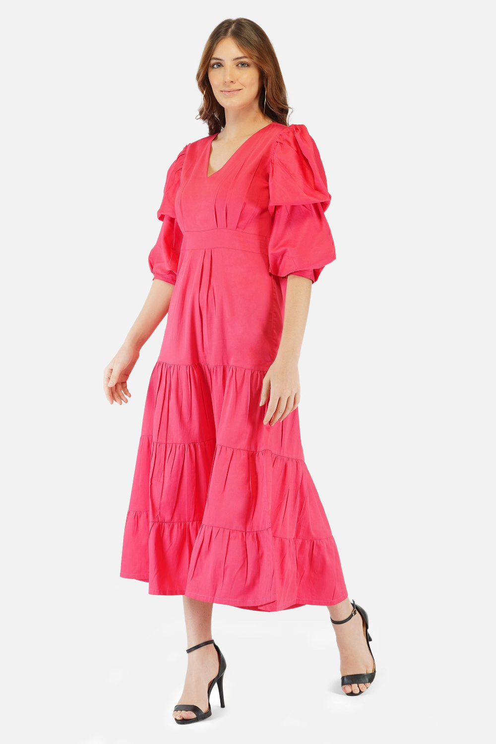 Breezy tiered cotton midi dress pink